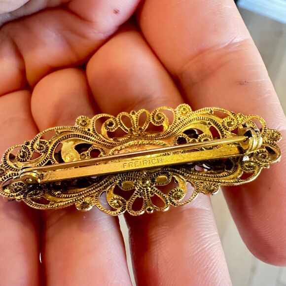 Vintage Jewelry Freirich Gold Filigree Blue Rhinestone Victorian Brooch French - Picture 4 of 5